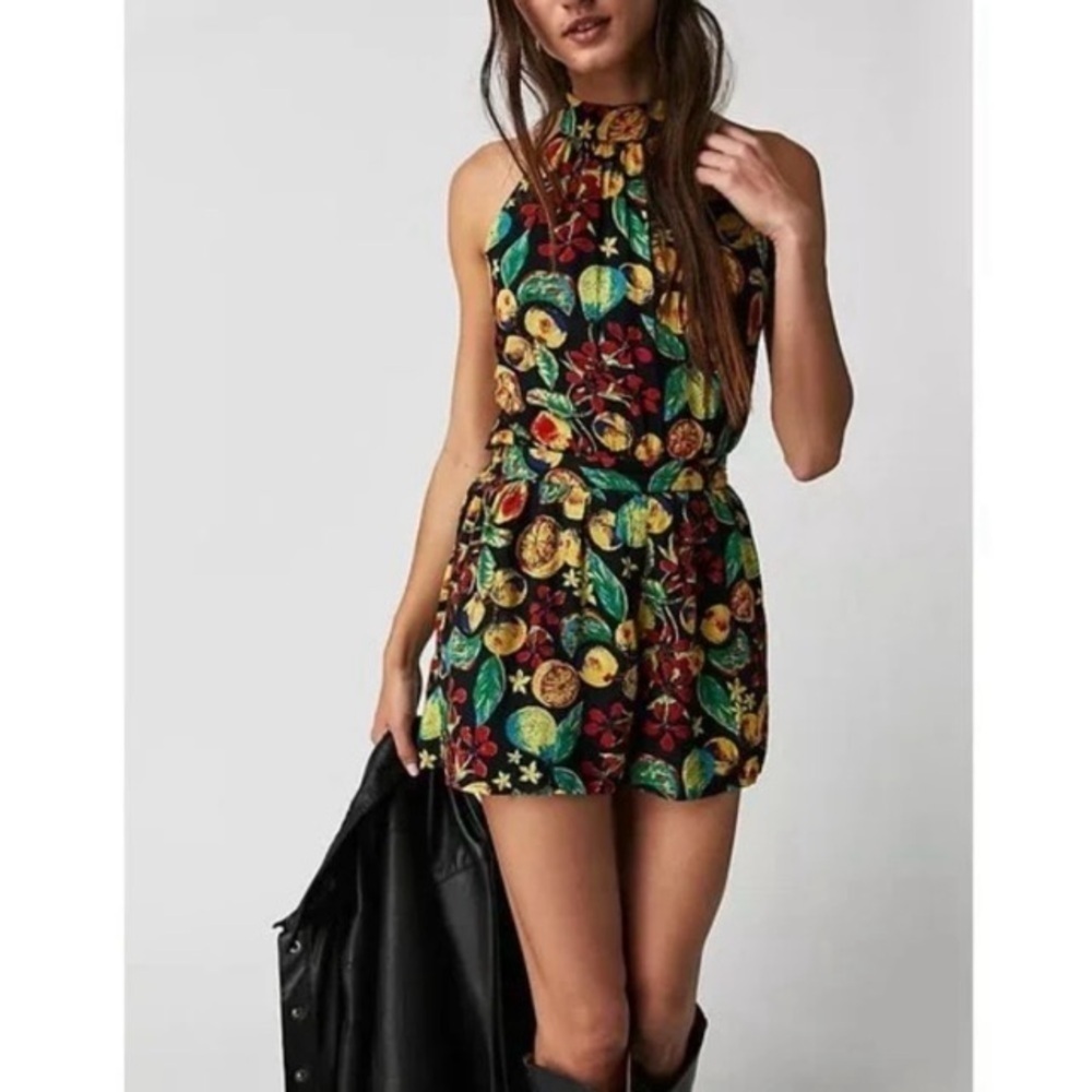 Free People NWT Coral Tides Romper in Dark Combo Pear Lemon S Halter Resortwear